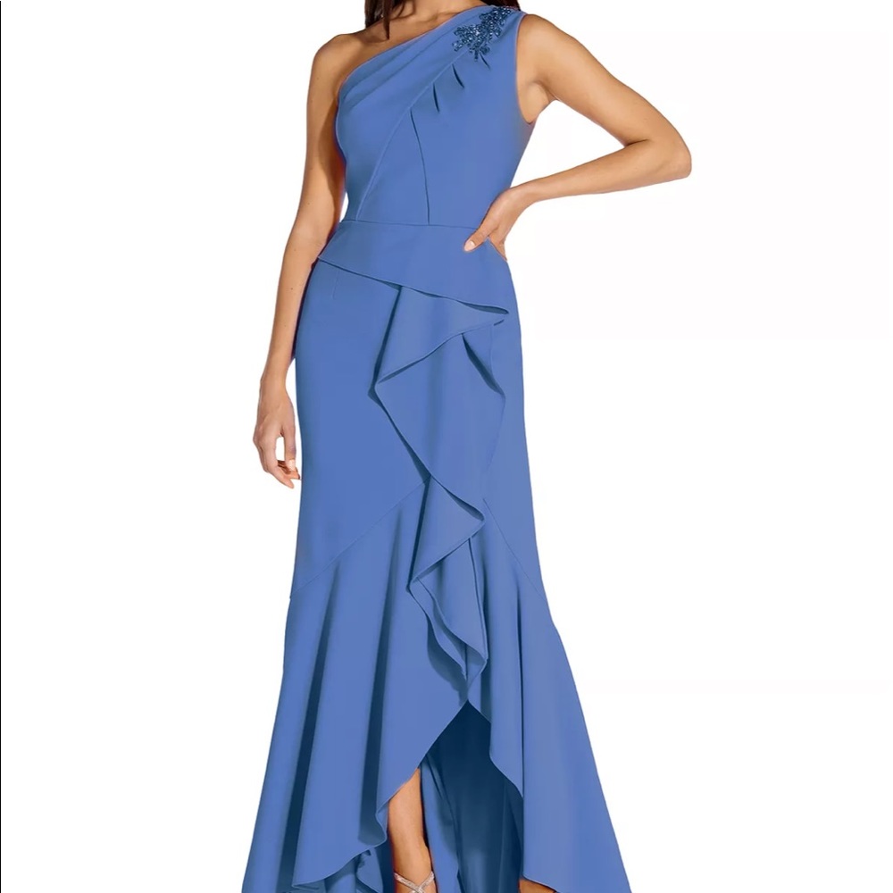 Adrianna Papell Women's One Shoulder Crepe Gown Size: 6 Ocean Dream
